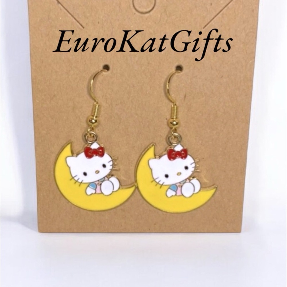 HELLO KITTY Moon Dangle Earrings for Women Kids stainless Ear wires NEW Sanrio - Picture 1 of 7